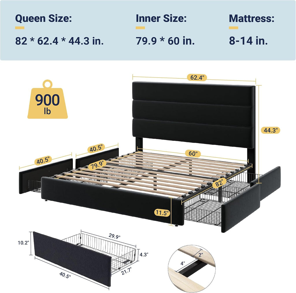 Allewie Modern Queen Size Platform Bed Frame with 4 Storage Drawers and Velvet Upholstered Headboard, Wooden Slats Support, Upholstered Mattress Foundation/No Box Spring Needed/Easy Assembly, Black