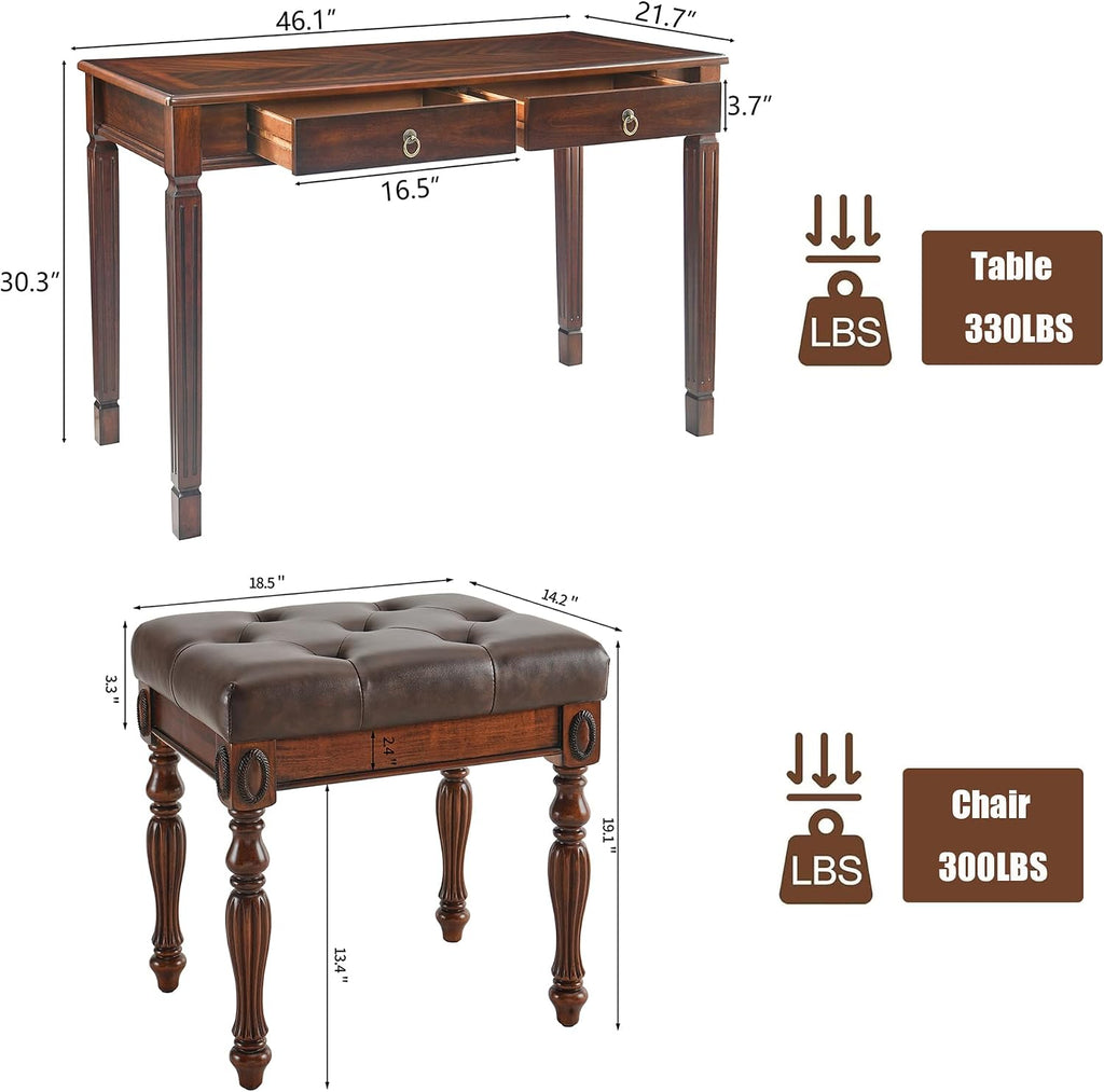 Solid Wood Makeup Vanity Table Set, 46.1' Large Dressing Vanity Table with 2 Drawers and Vanity Bench Stool Writing Desk with Solid Wood Legs & Button Tufted Cushioned Stool, Cherry&Brown