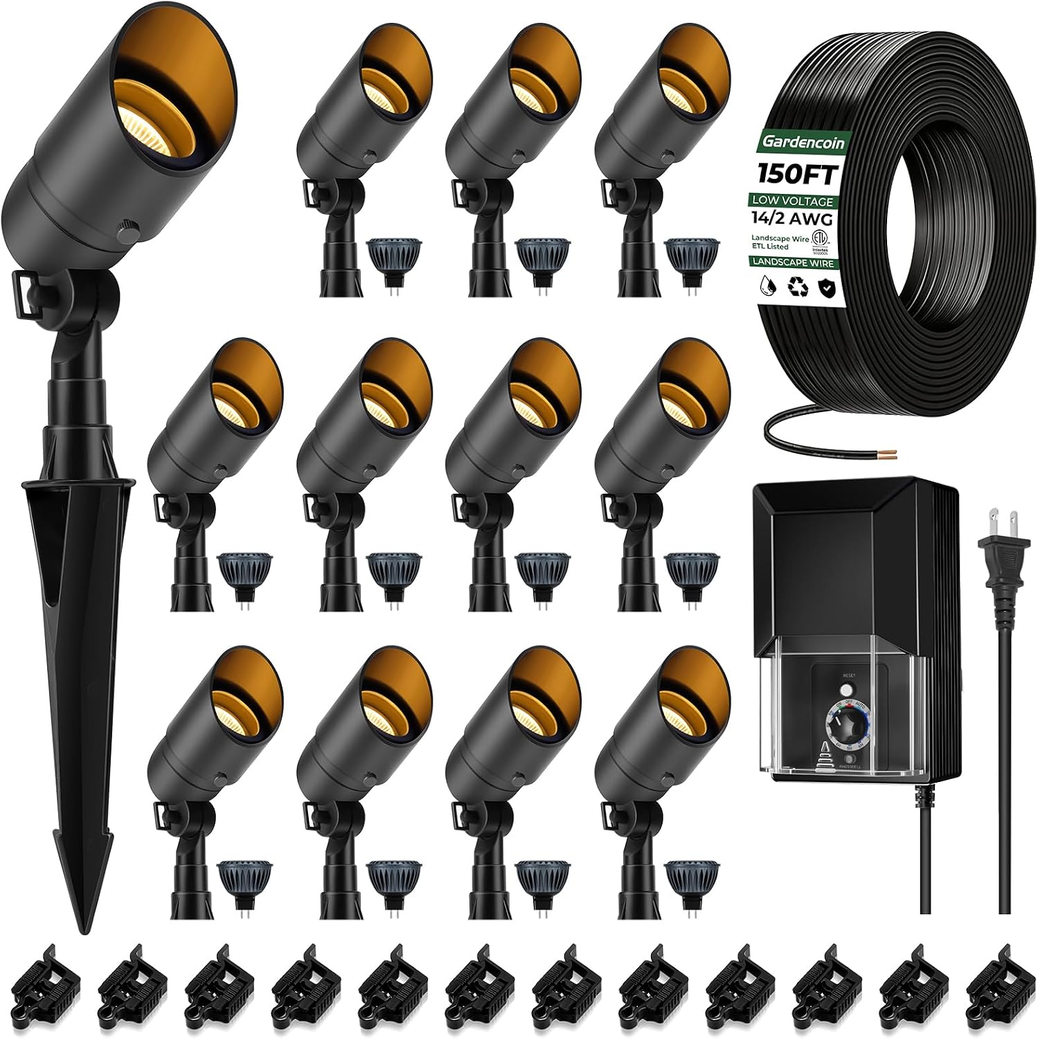 Gardencoin All-in-One LED Low Voltage Landscape Lighting Kit, 5W Spotlights with 200W Transformer 150ft Wire and 12 Fastlock Connectors, 2700K Waterproof Aluminum Fixture for House Tree Yard Garden