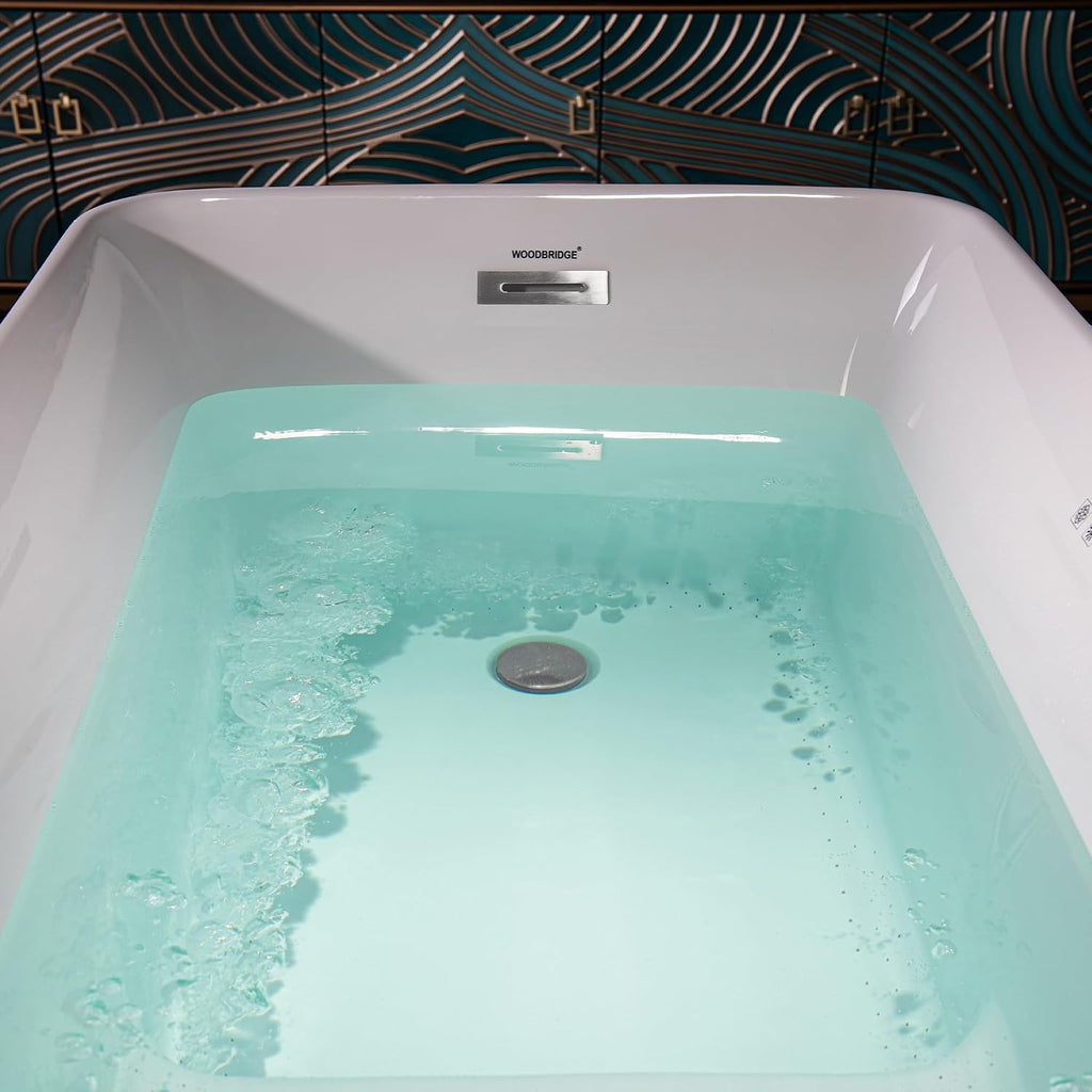 WOODBRIDGE 48' Acrylic Freestanding Rectangular Air Bath Bathtub with Pre-molded Seat and Chrome Pop-Up Drain and Overflow Option, White, B0170-C