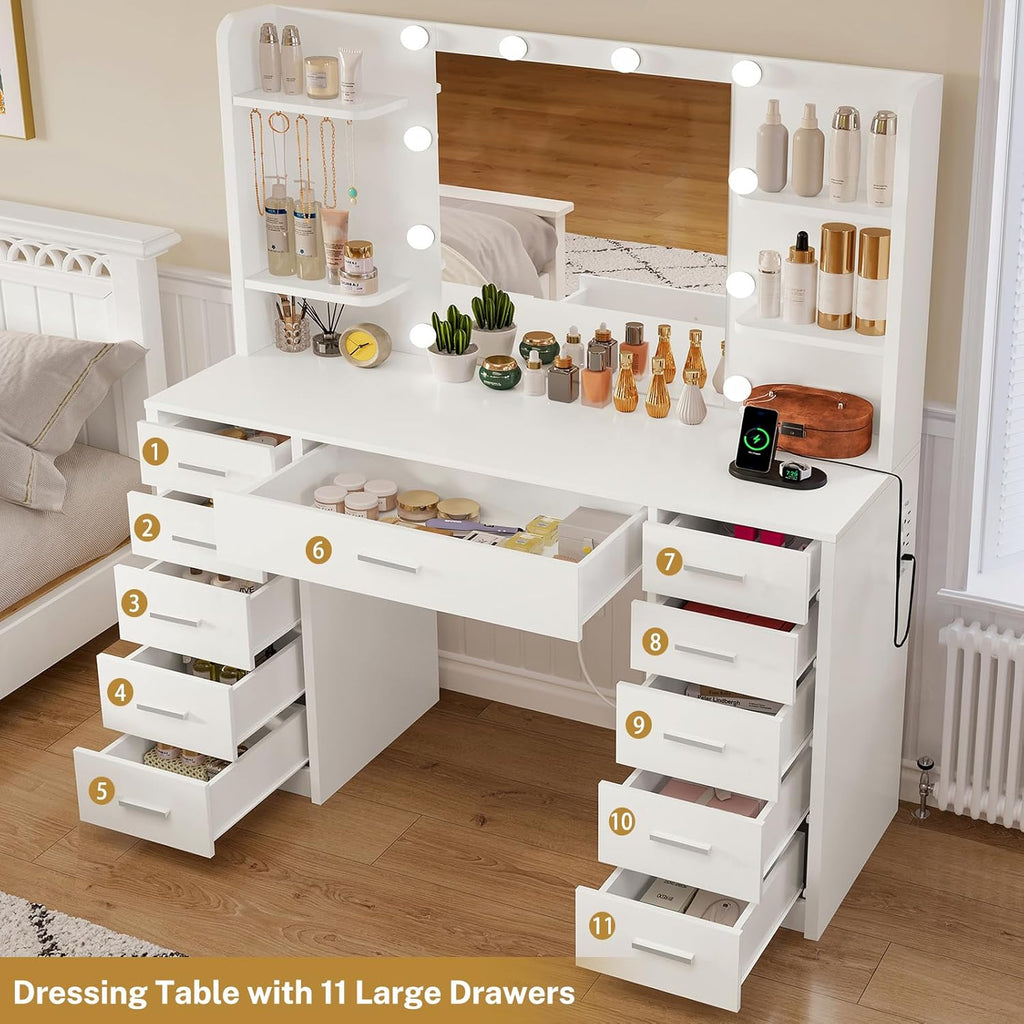 Quimoo Large Vanity Desk with Mirror and Lights, Makeup Vanity with 11 Drawers & 6 Open Shelves, 3 Color Modes & Adjustable Brightness, White Vanity for Girls