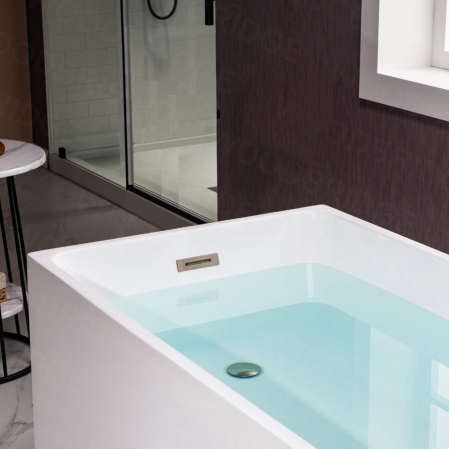 WOODBRIDGE 59' Acrylic Freestanding Bathtub Contemporary Soaking White Tub with Brushed Nickel Overflow and Drain，B0085-B/N-Drain&O