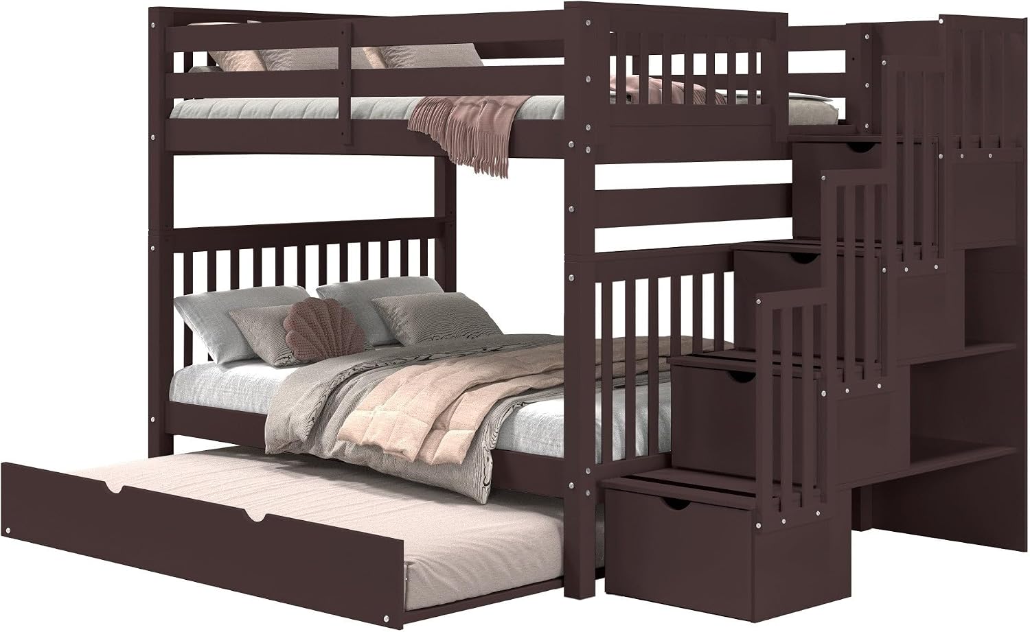 Bedz King Stairway Bunk Beds Full Over Full, 4 Step Drawers, Twin Trundle, Dark Cherry