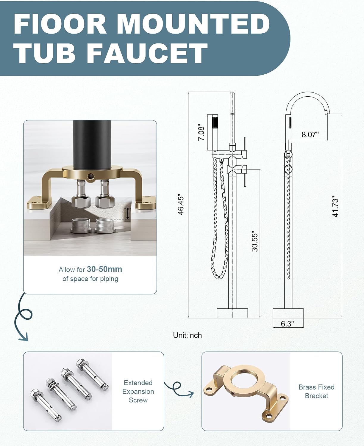 Freestanding Bathtub Faucet Matte Black: Floor Mount Tub Filler, High Flow Brass Shower Faucets with Handheld Sprayer for Bath