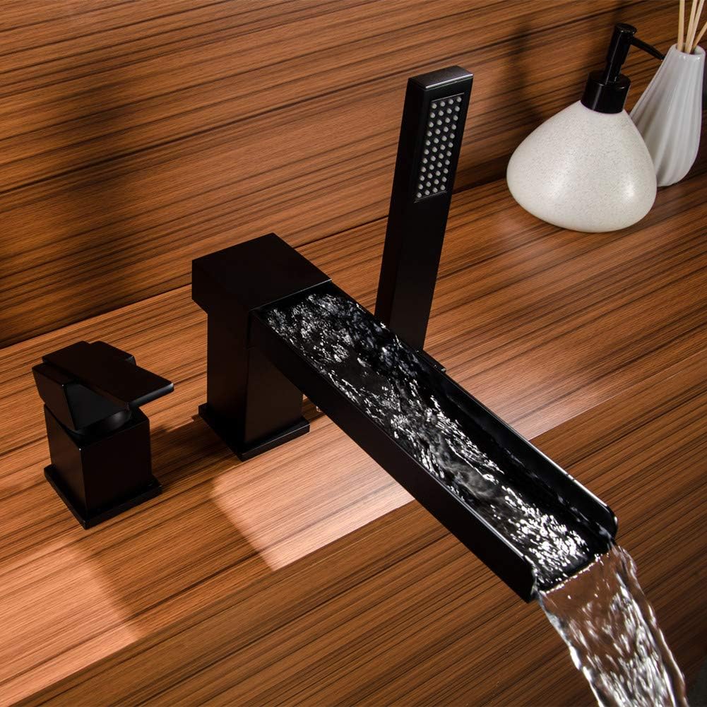 Black Roman Tub Faucet with Hand Shower, Deck-Mount Bathtub Faucet Tub Filler with Sprayer Waterfall Tub Faucet Set