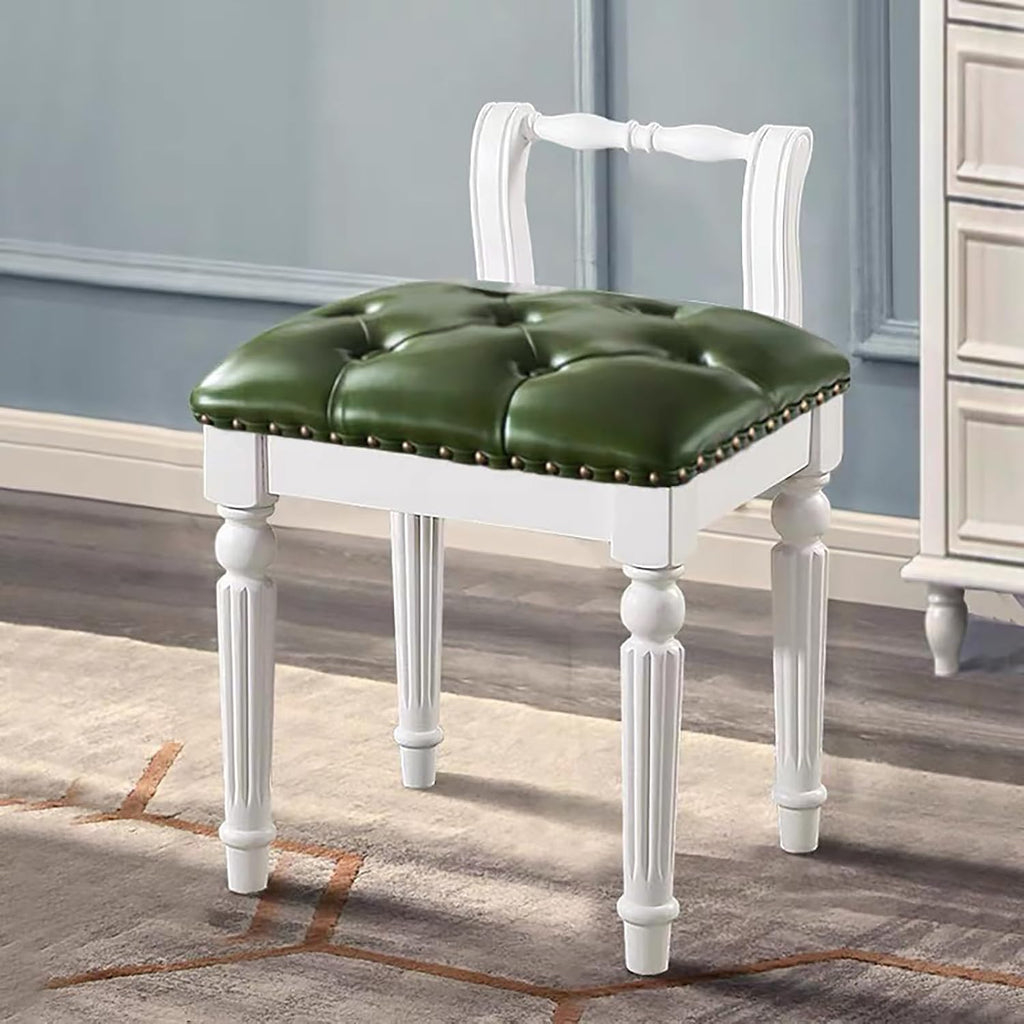 Low Back Vanity Bench Stool with Padded Cushion, Leather Retro Makeup Stool, Solid Wood Carving Legs, Piano Bench for Makeup Room, Bedroom, Living Room (White + Green)