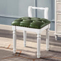 Low Back Vanity Bench Stool with Padded Cushion, Leather Retro Makeup Stool, Solid Wood Carving Legs, Piano Bench for Makeup Room, Bedroom, Living Room (White + Green)