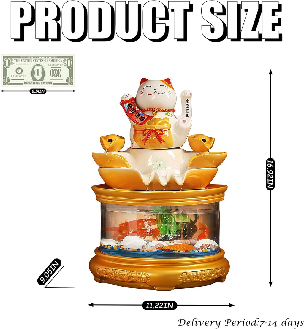 Tabletop Water Fountain Indoor with Maneki Neko, Money Lucky Cat, Fish Tank Decorations for Feng Shui Decor & Gifts for Home, Feng Shui Statue, Chinese New Year Decoration, Chinese Decor & Gifts (B)