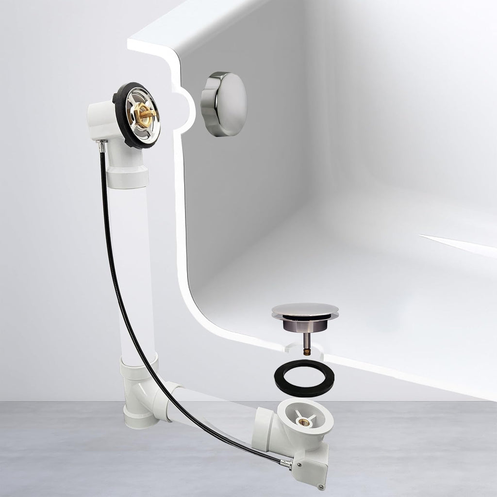 Westbrass A50P45-05 45' SCH. 40 PVC Cable Driven Bath Drain Trim Kit with Rotary Overflow Cover Knob and Pop-Up Stopper, Polished Nickel
