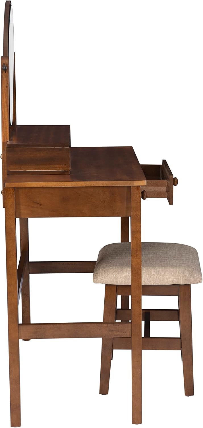 Linon MidCentury Walnut Upholstered Seat Beverly Vanity Set, Medium