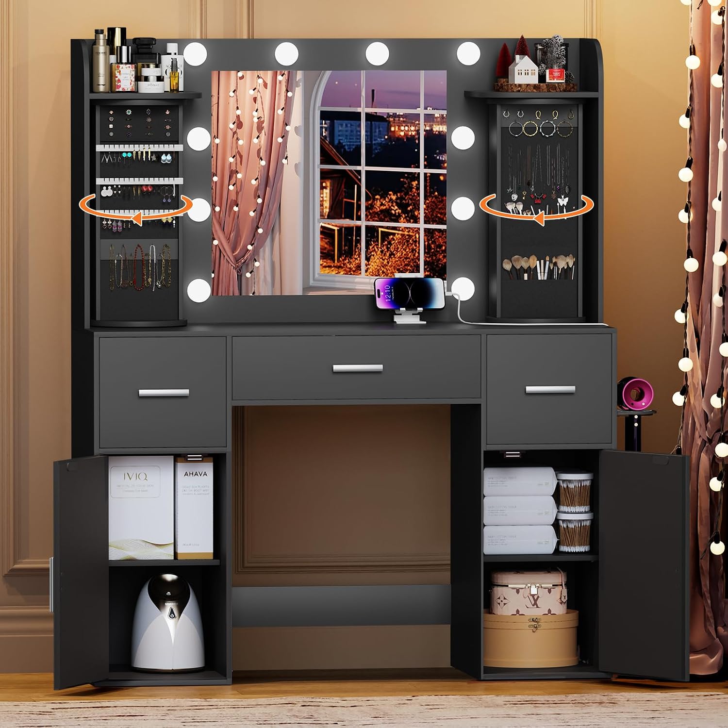 EasyCom Makeup Vanity Desk with Lights and Mirror, Vanity with Storage Rotating Jewelry Organizers, Dressing Table with USB-C Charging Station, 3 Drawers & 2 Cabinets for Bedroom, Dressing Room, Black