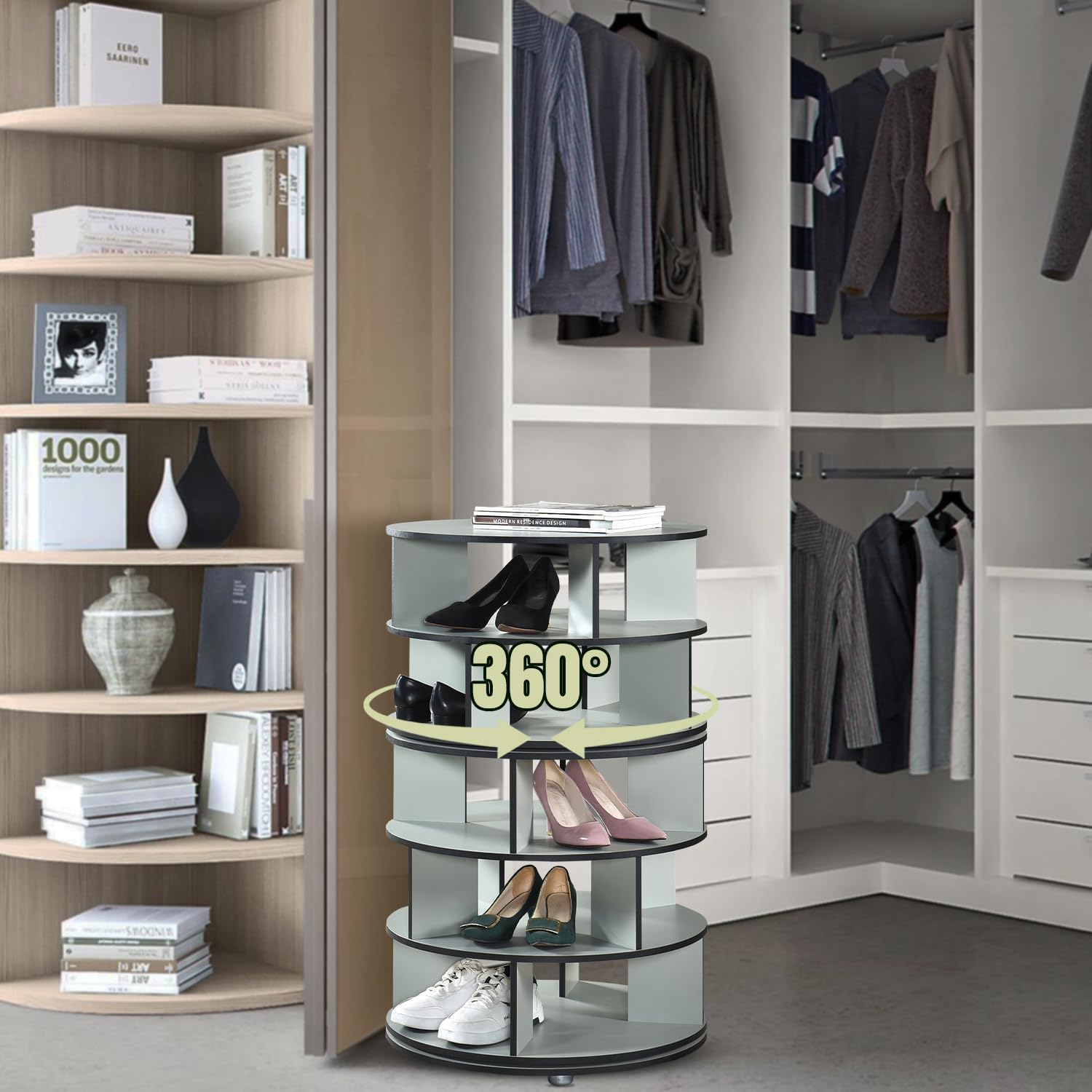 Kings Brand Furniture - 5-Tier Rotating Shoe Rack, 360° Revolving Lazy Susan Spinning Shoe Rack Tower Storage Organizer for Closet Entryway Bedroom Hallway, Green