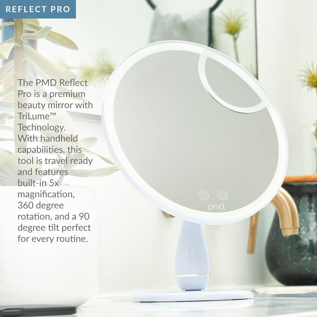PMD Reflect Pro - Premium Beauty LED Mirror with TriLume Technology & Handheld Capabilities - Three Light Modes - 360° Rotation, 90° Tilt, & 5x Magnification - Travel Ready