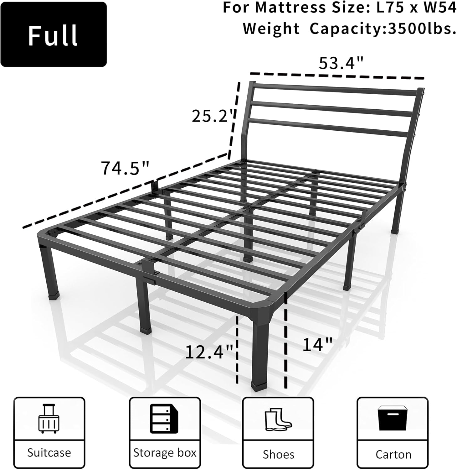 ROIL Full Size Metal Bed Frame with Headboard, 14inch Black Heavy Duty Platform with Steel Slats Support and Mattress Stoppers, 3500LBS No Box Spring Needed, Easy Assembly Noise-Free