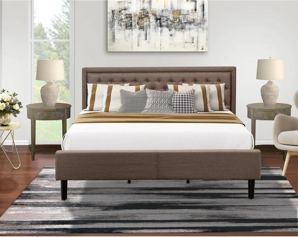 East West Furniture KD18K-2HI07 3 Piece Bed Set - 1 King Bed Brown Linen Fabric Padded and Button Tufted Headboard with 2 nightstands - Distressed Jacobean Finish Nightstand