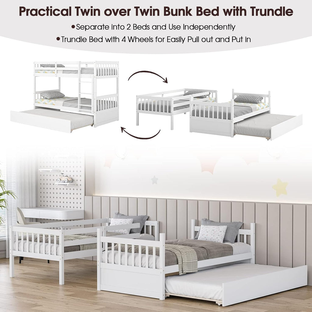 KOMFOTT Wood Twin Over Twin Bunk Bed with Trundle, Solid Pine Wood Bunk Bed Frame with Ladder & Safety Guardrails, Space-Saving Convertible Twin Bed Frame for Home & Dormitory, No Box Spring Needed