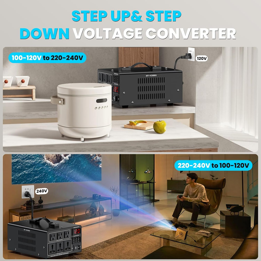6000W Voltage Converter Transformer(110V to 220V or 220V to 110V) Step Up/Down Converter 110/120 Volt - 220/240 Volt w/US Power Cord,Circuit Breaker Protection, LCD Screen Display