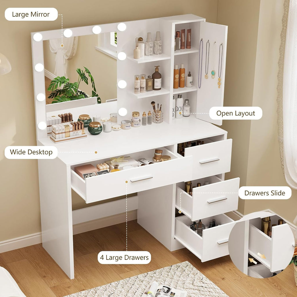 usikey Makeup Vanity with Lights, Vanity Desk with Mirror and 10 LED Lights, White Table with 4 Drawers, Cabinet & 4 Necklace Hooks, Dressing Table for Bedroom,Grils Vanity, White
