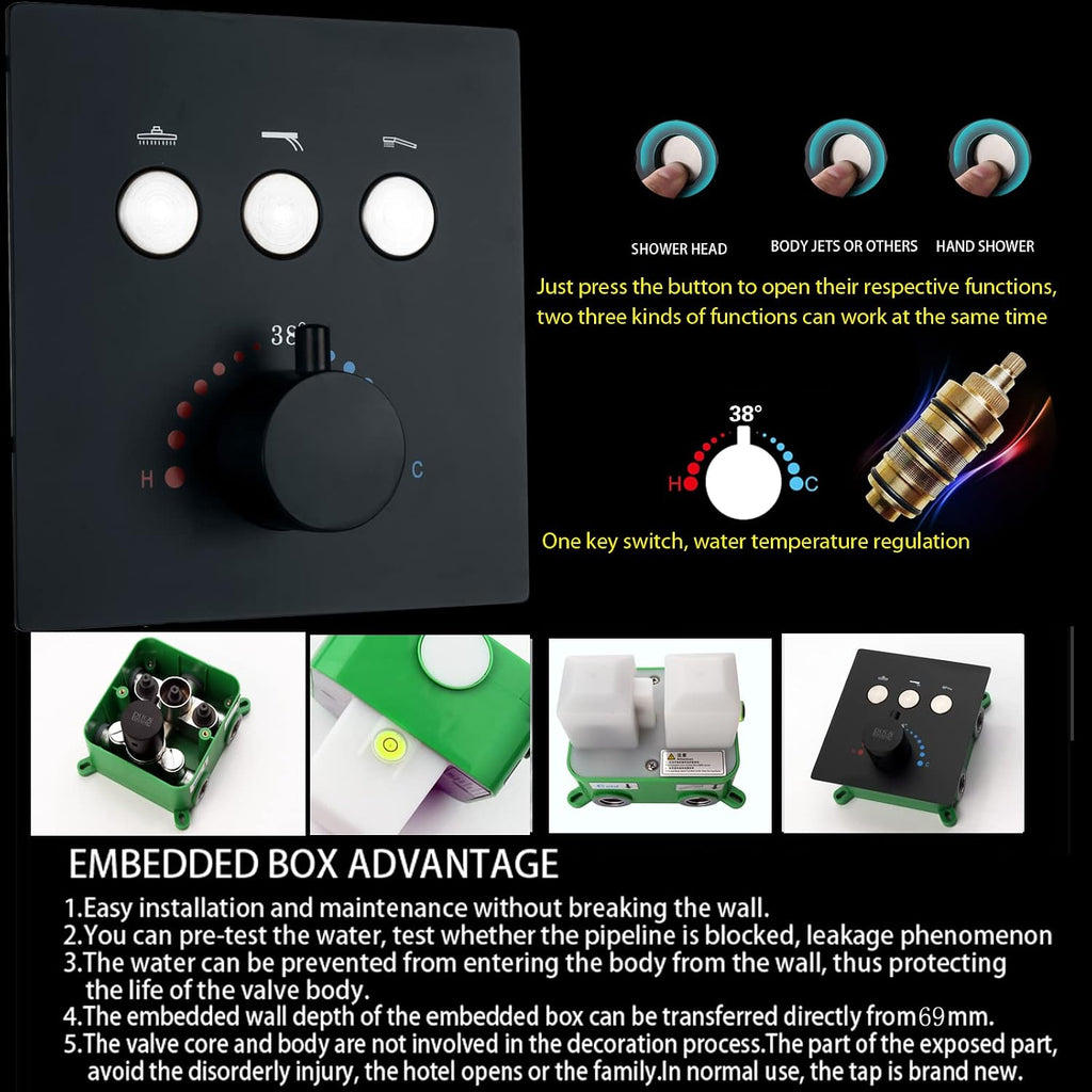 Shower Jets System With Waterfall Rain Shower Head and Handheld (Can Use All Options at A Time), cUPC Certificatin Thermostatic Shower Faucet Fixture Set (Matte Black)