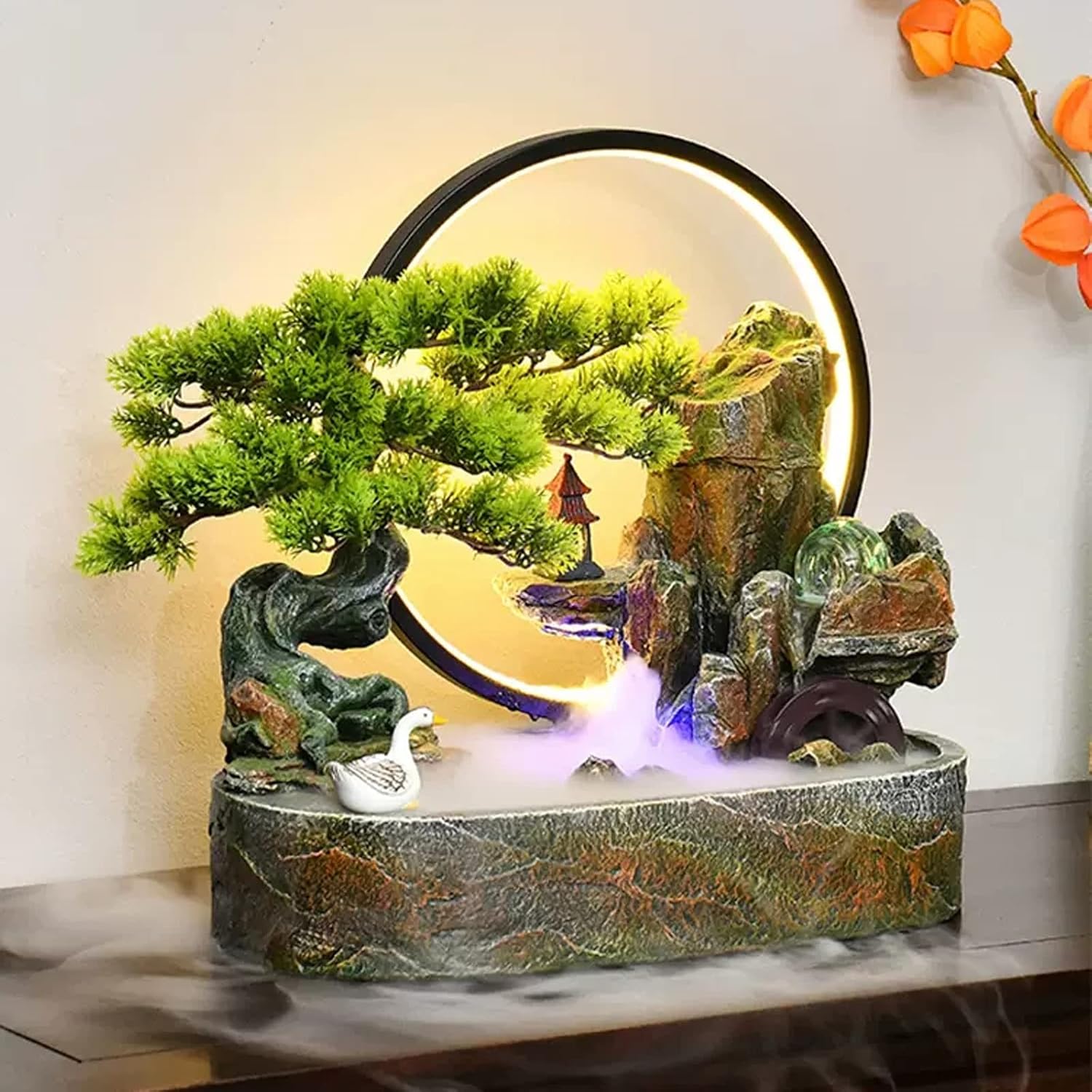 Tabletop Fountain Tabletop Water Fountain Artificial Bonsai Tree Design Indoor Resin Waterfalls Fountains Decorative with LED Light Best Home Gifts for Parents or Friends