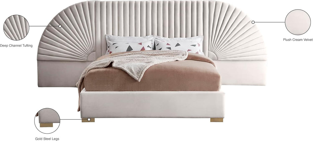 Meridian Furniture Cleo Collection Modern | Contemporary Velvet Upholstered Bed with Gold Steel Legs and Removable Panels, Queen, Cream