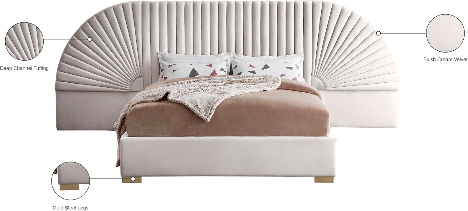 Meridian Furniture Cleo Collection Modern | Contemporary Velvet Upholstered Bed with Gold Steel Legs and Removable Panels, Queen, Cream