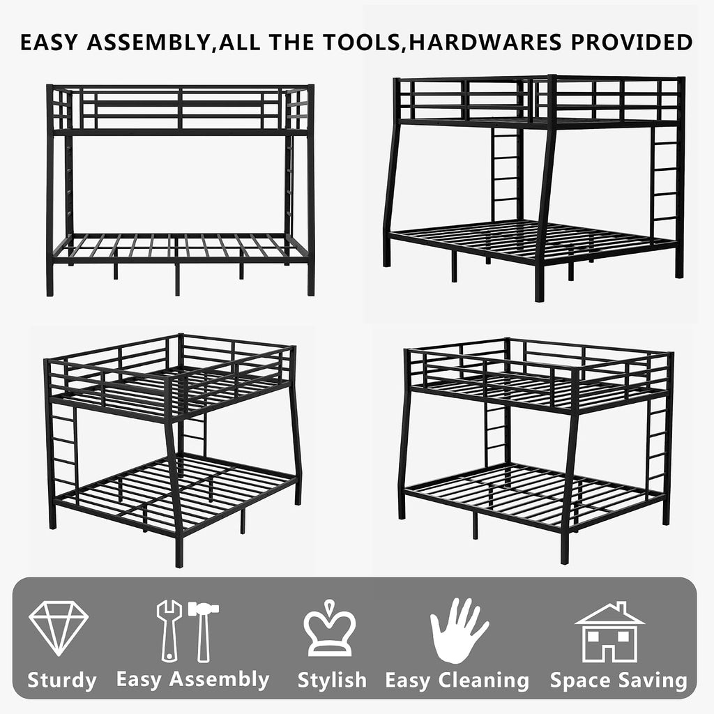 Setawix Metal Full XL Over Queen Bunk Bed,Heavy Duty Queen Bunk Beds for Adults,Industrial Bunkbed with Ladders for Kids,Teens,Boys,Girls,Space Saving,Low Noice (Black, Full XL Over Queen)