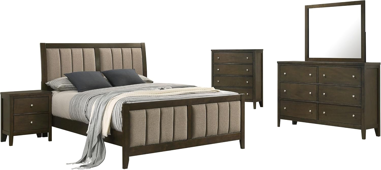 Coaster Home Furnishings Wilkes Transitional 5-Piece Bedroom Set Fabric Upholstered Eastern King Size Panel Bed Frame 51-inch Headboard Dark Cocoa 224421KE-S5