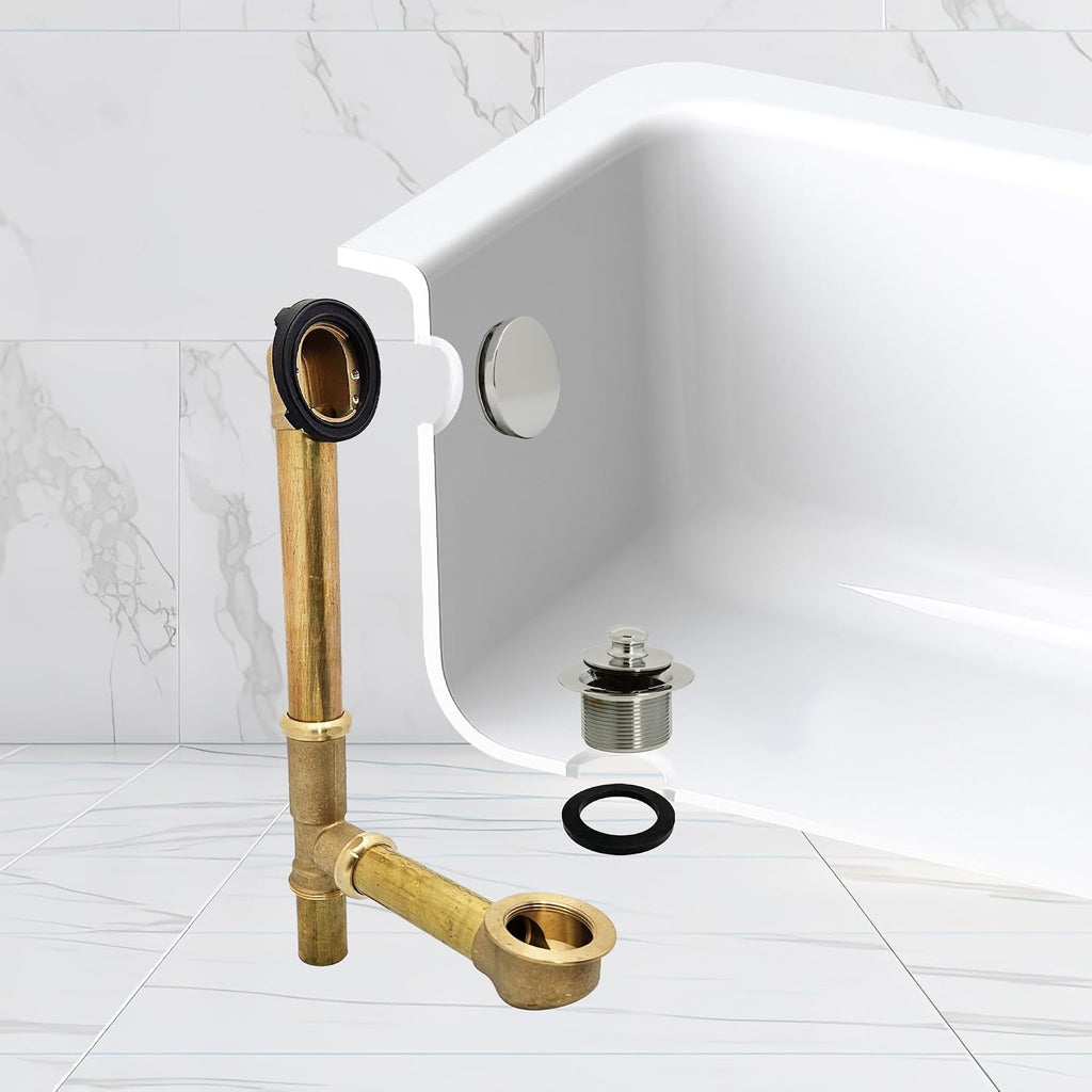 Westbrass A321H-05 14' Brass Bath Waste & Overflow Assembly with Twist & Close Drain Plug and Illusionary Faceplate, Polished Nickel
