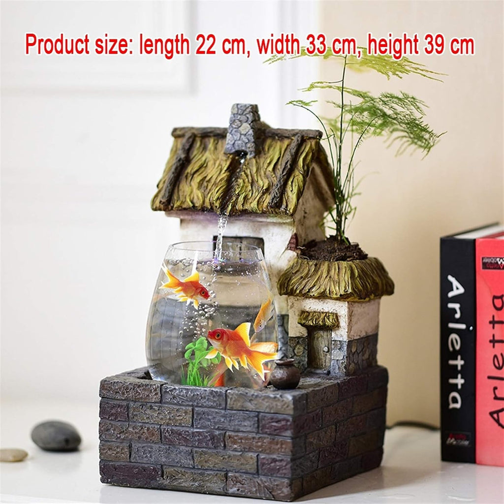 Transparent Fish Tank and Antique Cottage Fountain Waterfall Tabletop Water Feature Indoor Decoration Aquarium Humidifier Relaxesion Desktop Decorative Fountain(B)