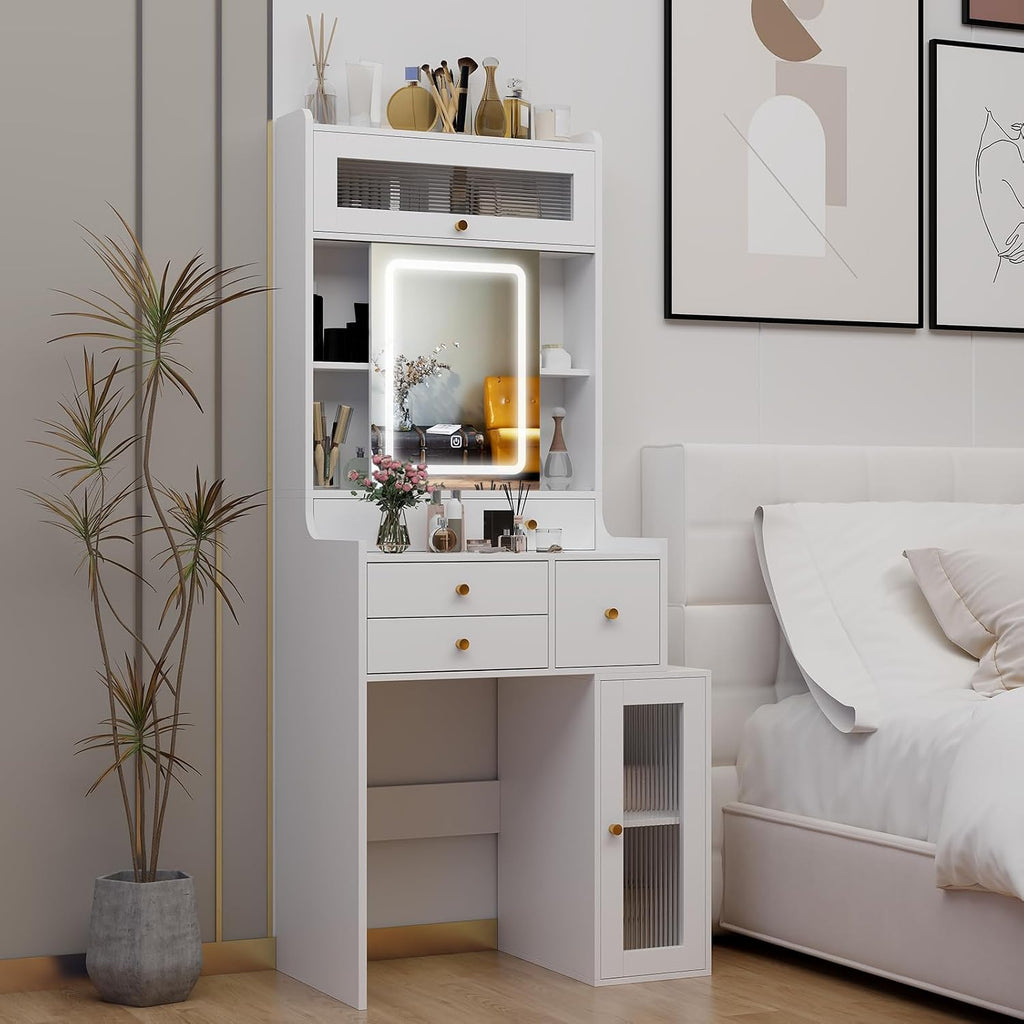 ARTETHYS Small Vanity Desk with Sliding Mirror and Lights White Makeup Vanities Set with Drawers Compact Dressing Table with Cabinet and Adjustable Shelves for Bedroom