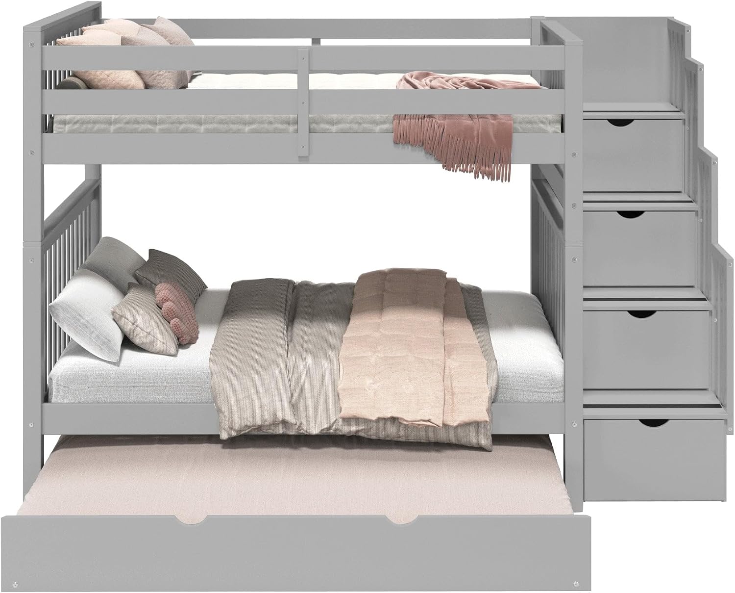 Bedz King Stairway Bunk Beds Full Over Full, 4 Step Drawers, Twin Trundle, Gray