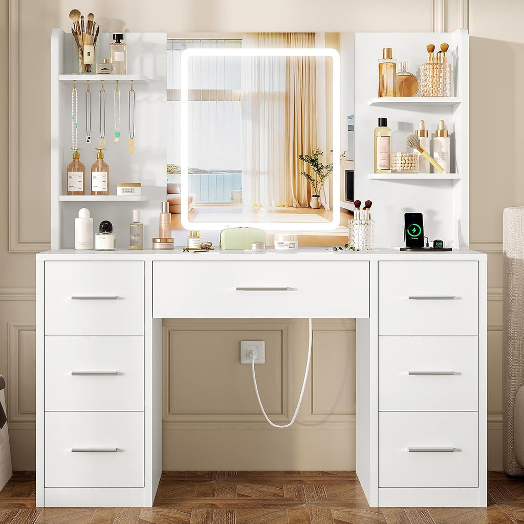 Quimoo Large Vanity Desk with LED Lighted Mirror & Power Outlet, Makeup Vanity Table with 7 Drawers,4 Shelves and 5 Hooks, White Vanity for Bedroom, Bathroom