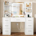 Quimoo Large Vanity Desk with LED Lighted Mirror & Power Outlet, Makeup Vanity Table with 7 Drawers,4 Shelves and 5 Hooks, White Vanity for Bedroom, Bathroom
