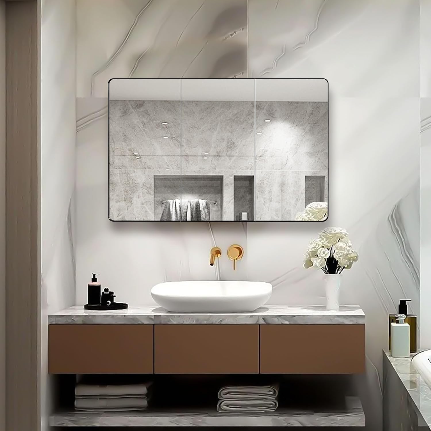 IDYLLOR Black Bathroom Medicine Cabinet with Round Corner Framed Door, 40 x 25.5 inch, Recessed or Surface Mount, with Adjustable Glass Shelves