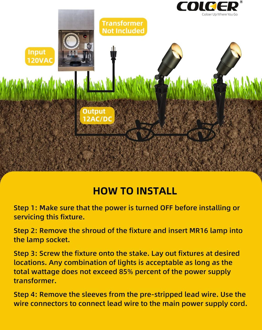 COLOER Brass Landscape Spotlights, 6 Pack Spot Lights Outdoor with 5W Aluminum Housing MR16 LED Bulb 2700K 450LM, 12V AC/DC Low Voltage Outdoor Lighting for Yard, Uplight for Garden and Patio(101B)