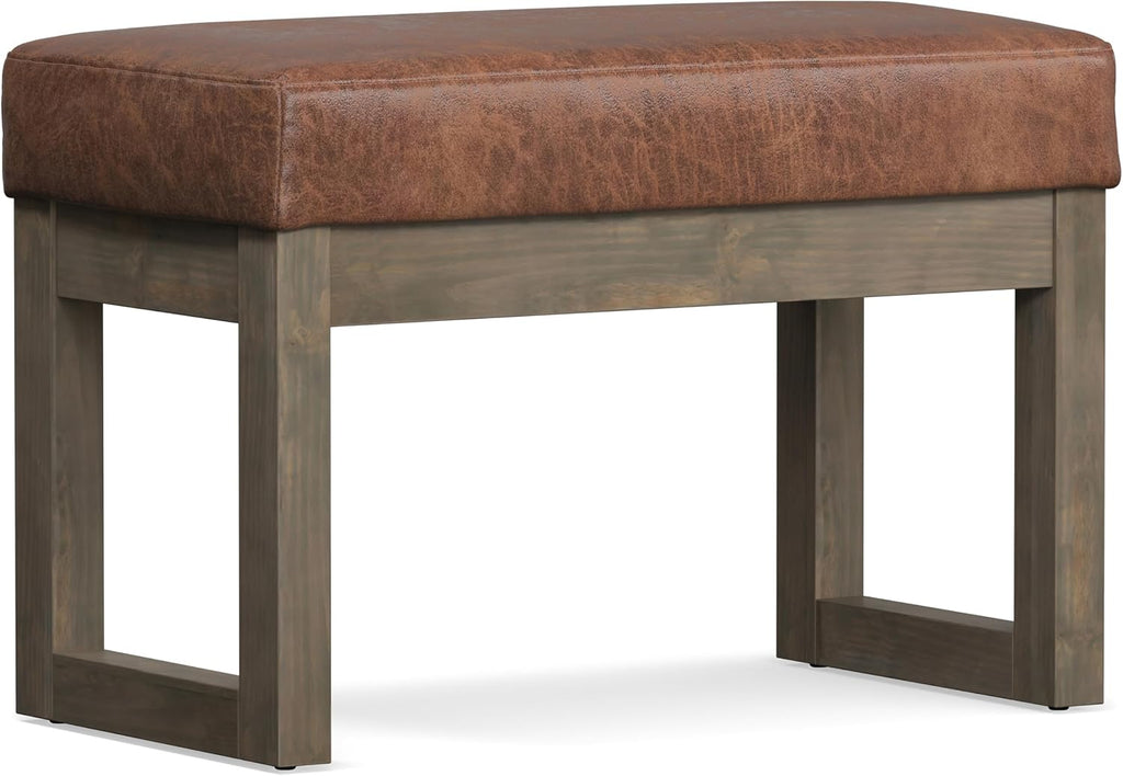 SIMPLIHOME Milltown Small Ottoman Bench - 27 inch Wide Upholstered Vegan Leather Rectangle Footstool Ottoman in Distressed Saddle Brown, Contemporary Bench for Bedroom with Cushioned Seat, Assembled