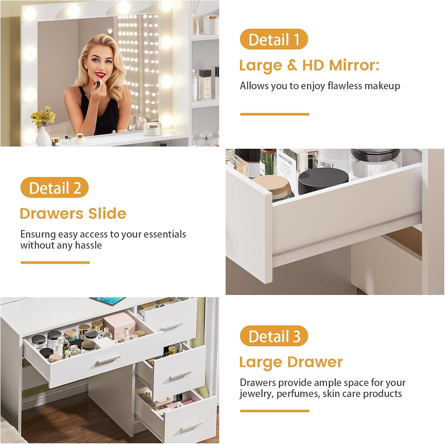 Vanity Desk with Lighted Mirror, White Vanity with 4 Drawers,Makeup Vanity with Storage Shelves and Power Outlet,10 Lights with 3 Color Modes Brightness Adjustable for Girls' Bedroom (White)
