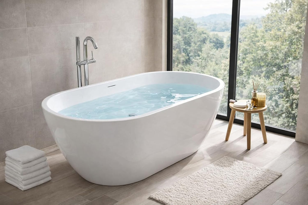 ANZZI Freestanding Bathtub Acrylic 59 In Flat Bottom Soaking Tub White Mone Series Compact Design Built In Overflow 53 Gal Capacity Modern Bathroom Fixture AMZFT903-59 | SKU Glossy Finish Deep Soak