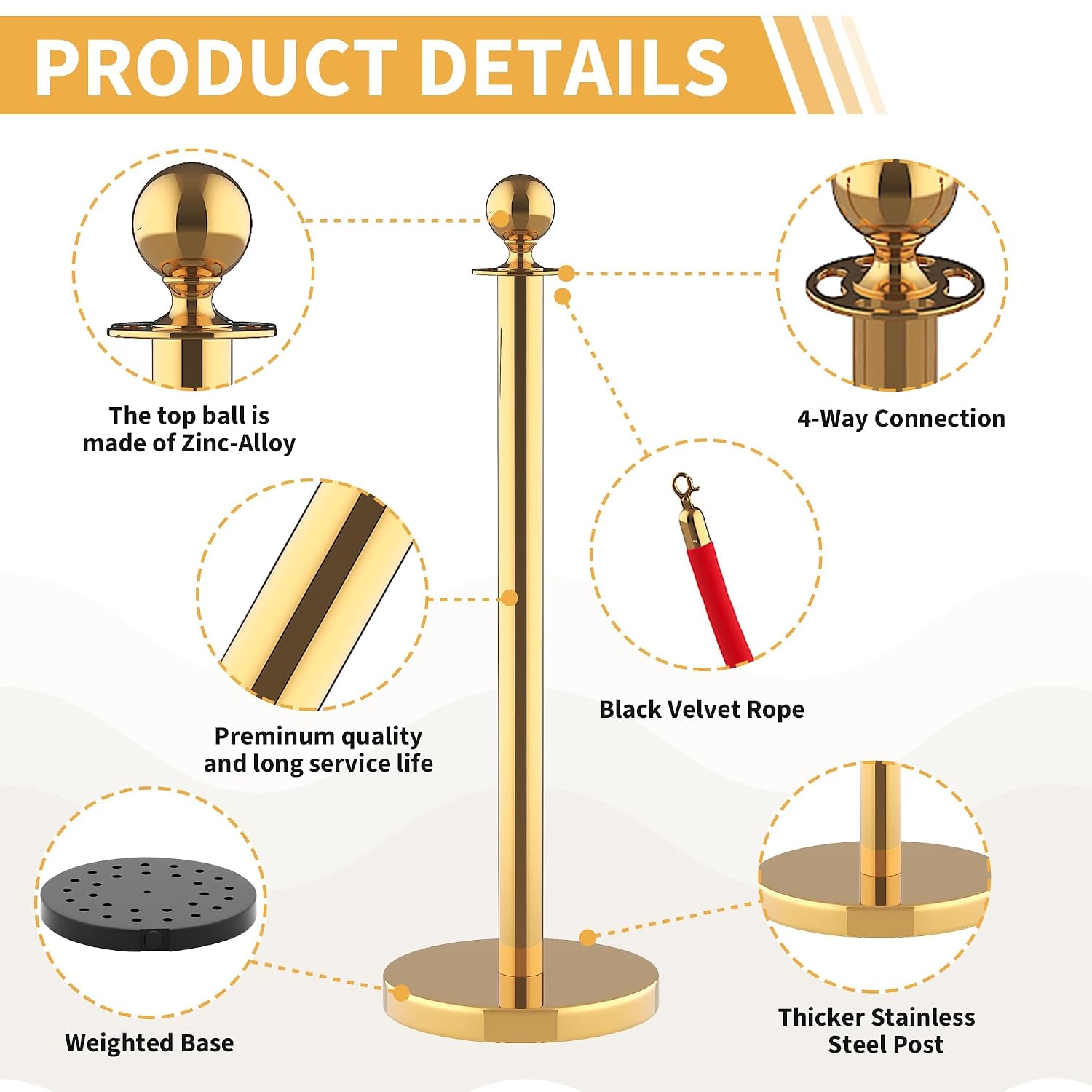 12Pcs Stanchions and Velvet Ropes with 15ft Red Carpet,Complete Crowd Control Barriers Set with 10 Red Velvet Ropes & Stainless Steel Posts for Party, Wedding, Event Supplies,Gold