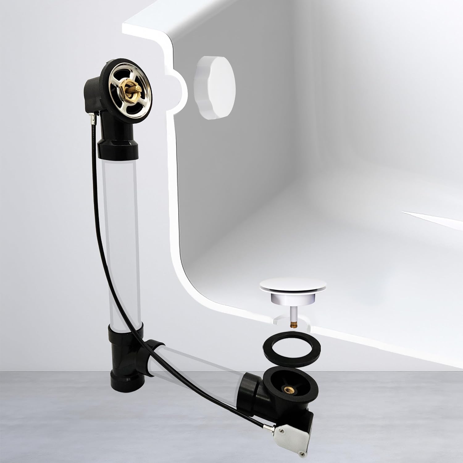 Westbrass A50A27-50 27' SCH. 40 ABS Cable Driven Bath Drain Trim Kit with Rotary Overflow Cover Knob and Pop-Up Stopper, White