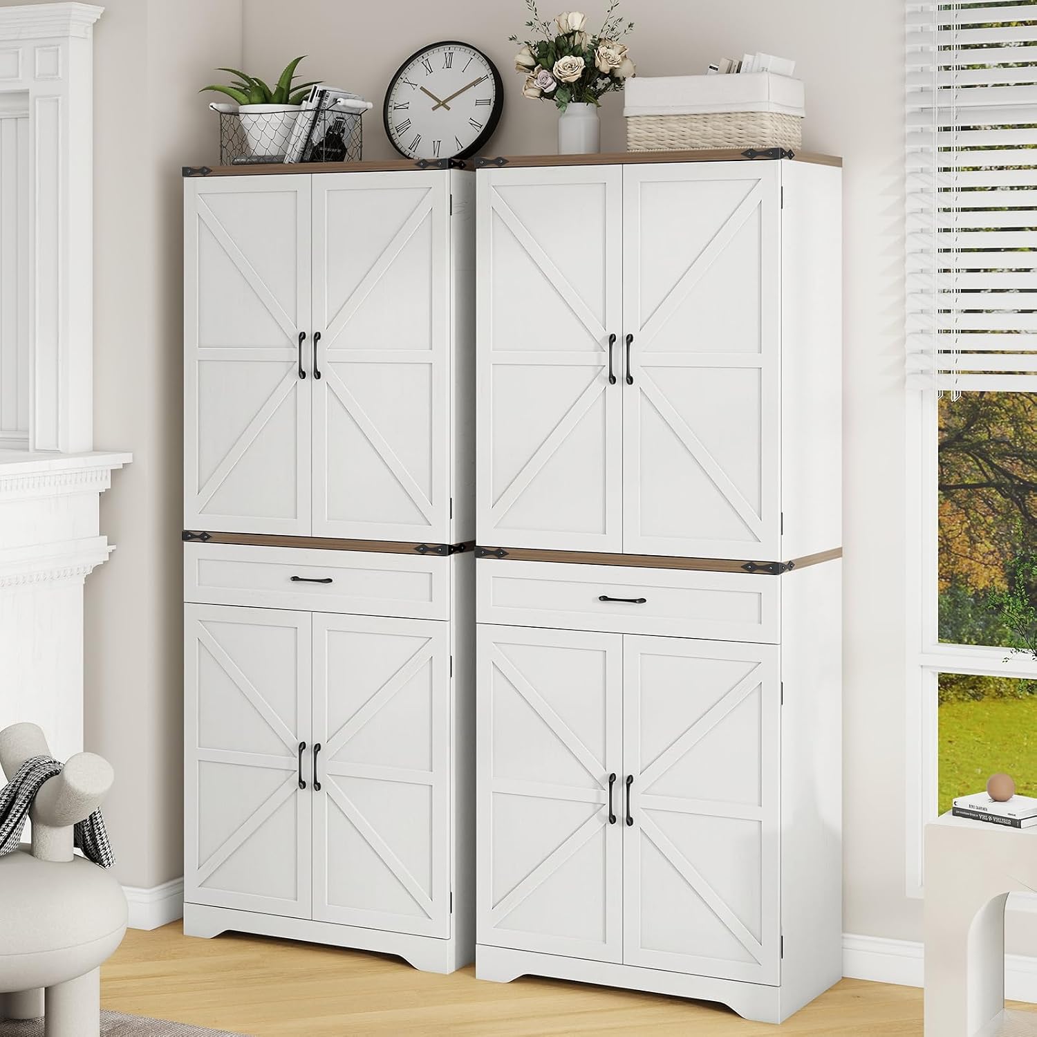 Halitaa 72' Tall Farmhouse Pantry Storage Cabinet with Organizer - Large Capacity Freestanding Cupboard for Kitchen, Dining Room, Living Room, White