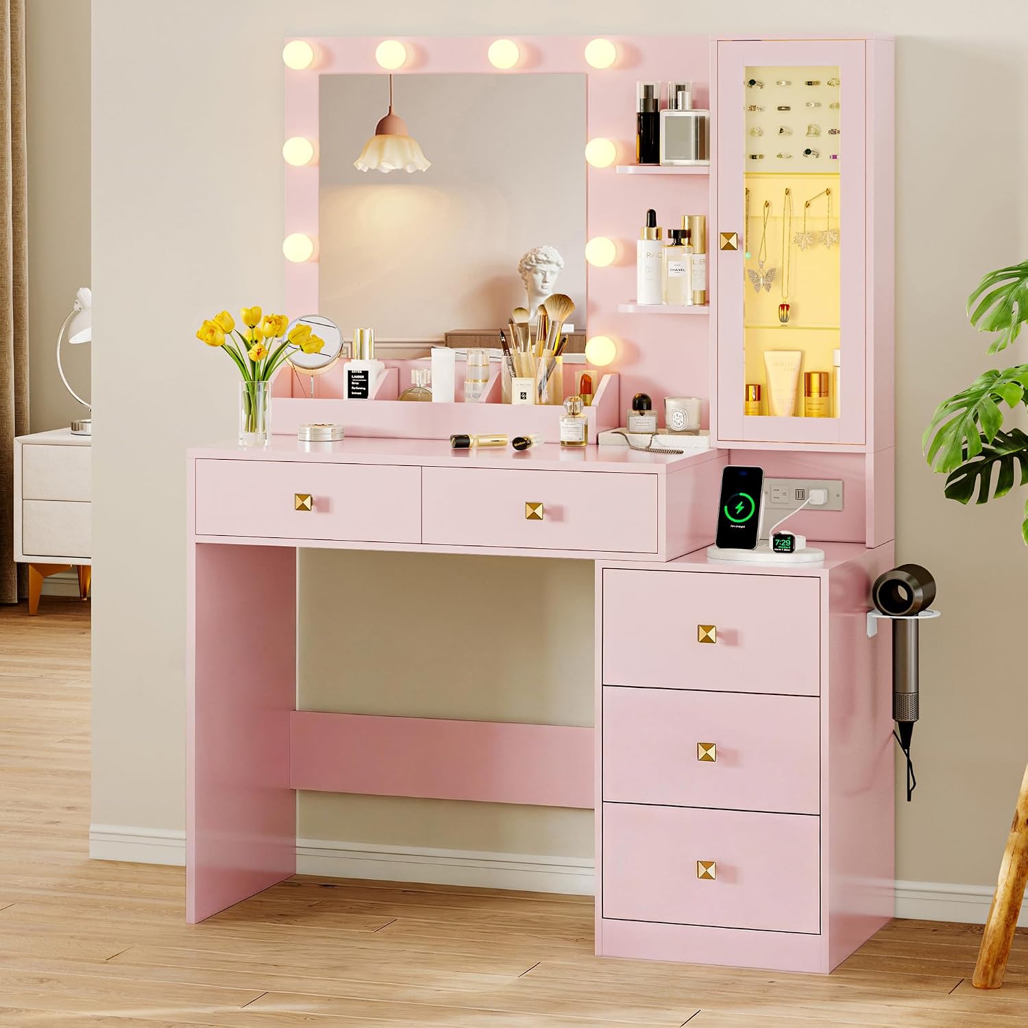 Xixini Vanity Desk with Mirror and Lights, Makeup Vanity Table Set with 5 Storage Drawers, Power Outlet, Small Dressing Table with RGB Ambient Light, Adjustable Brightness for Girls Bedroom, Pink