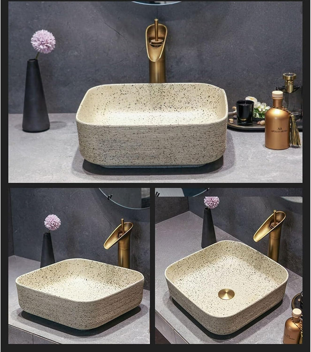 Bathroom Vessel Sink Vintage Ceramic Washbasin Antique Bathroom Sinks Carved Lines Art Countertop Basin with Accessories Bathroom Sink