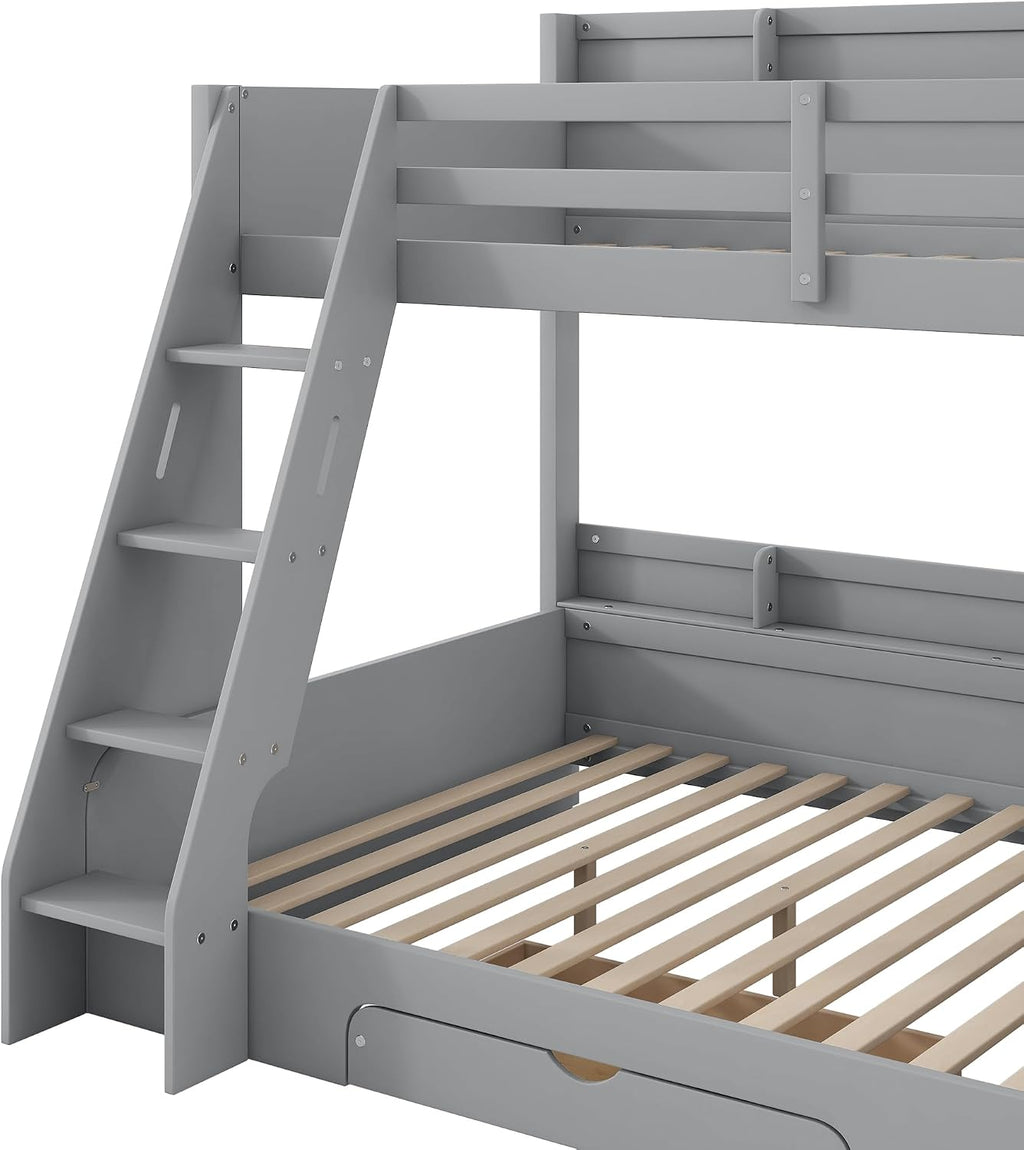 RUNNA Twin Over Full Bunk Bed with Storage Shelves, LED, Charging Station and a Drawer, Solid Wood Bunk Bed for Kids, Teens, Adults (Grey/LED)
