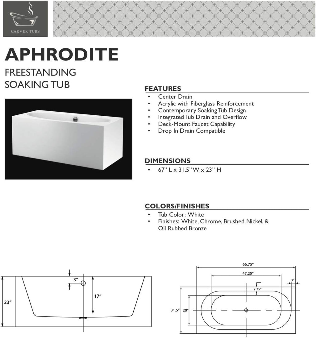 Carver Tubs - Aphrodite 67' - Modern White Rectangle Freestanding Soaking Bathtub With Brushed Nickel Drain - White Oval Interior Acrylic Fiberglass Tub - Deep Relaxing Soak - 67'L x 31.5'W x 23'H
