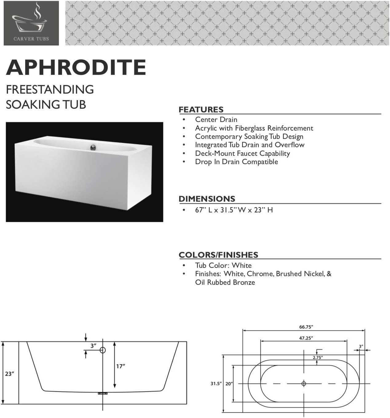 Carver Tubs - Aphrodite 67' - Modern White Rectangle Freestanding Soaking Bathtub With Brushed Nickel Drain - White Oval Interior Acrylic Fiberglass Tub - Deep Relaxing Soak - 67'L x 31.5'W x 23'H