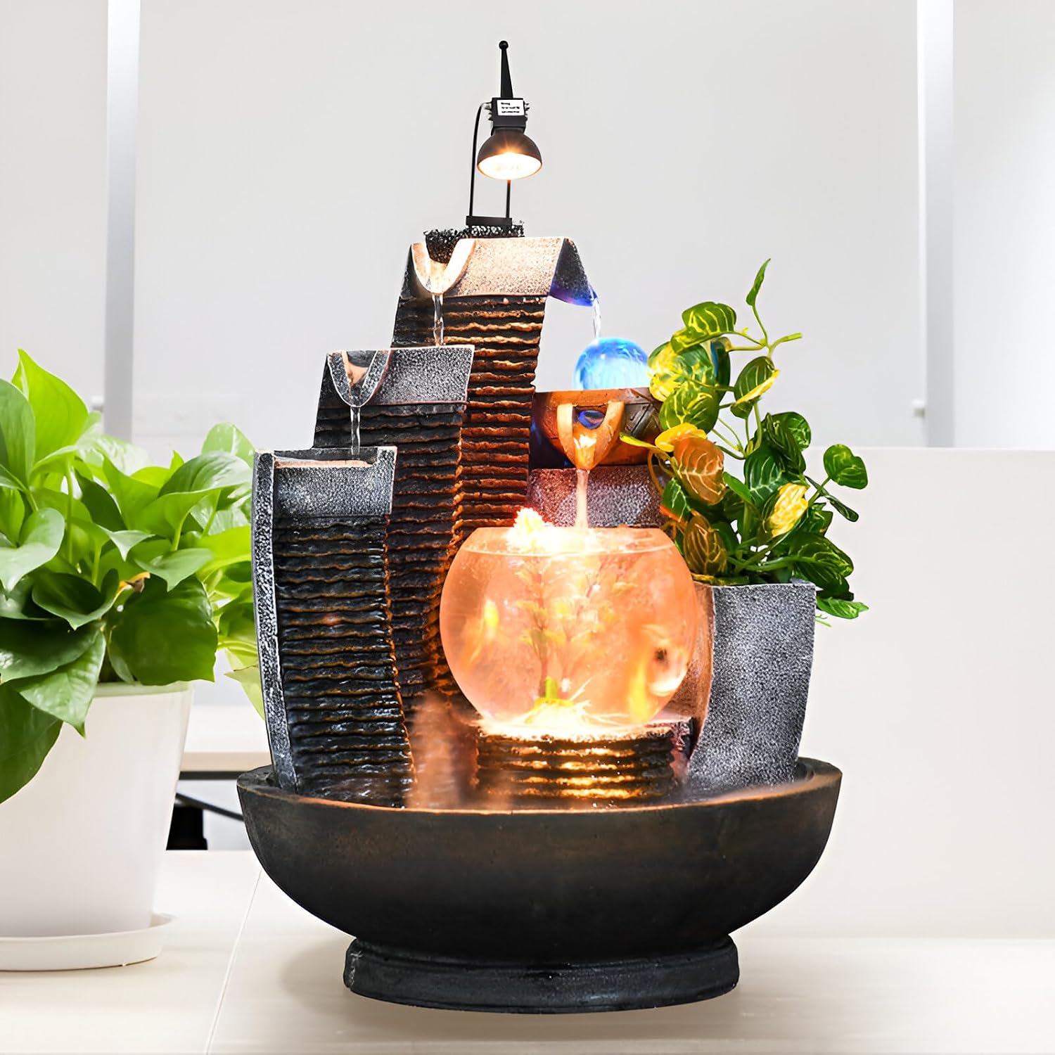 16.93' Indoor Tabletop Fountain with LED Fish Tank, Lighted Crystal Ball & Free 10 Natural Crystals – Water Feature for Home, Office, Entryway & Housewarming Gift (Fish Tank + Spotlight)