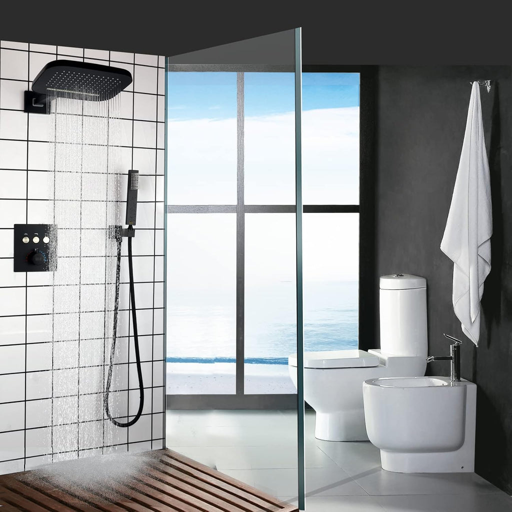 Shower Jets System With Waterfall Rain Shower Head and Handheld (Can Use All Options at A Time), cUPC Certificatin Thermostatic Shower Faucet Fixture Set (Matte Black)