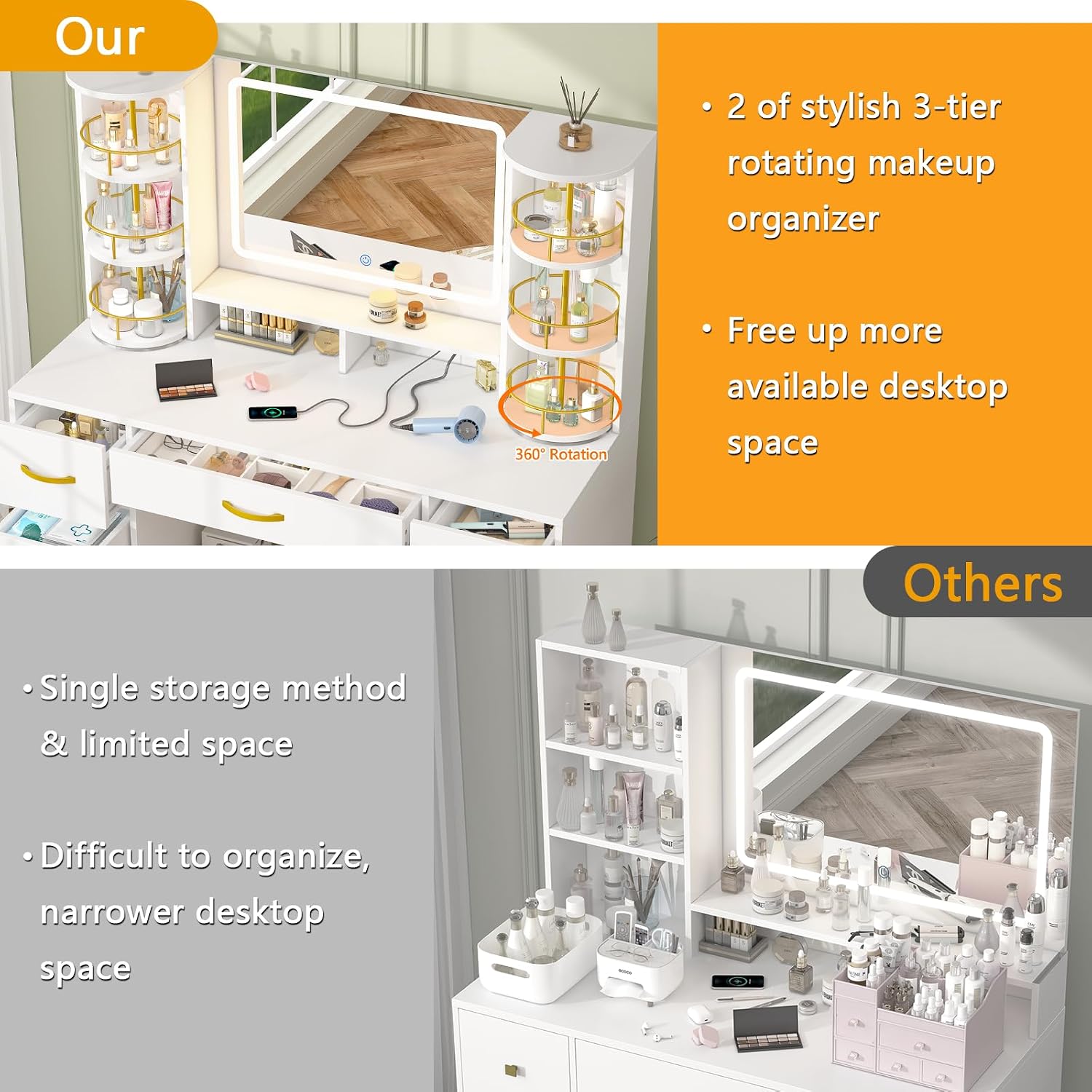Vanity Desk with Mirror and Lights, White Makeup Vanity Table with 360° Rotating Shelves, Large Vanity Desk with 7 Drawers, Power Outlet, Dressing Table Set with Lighted Mirror Adjustable, for Bedroom